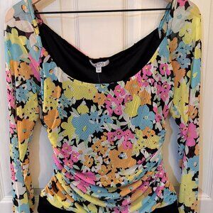AFRM Neon Floral Mesh Ruched Long Sleeve Bodysuit XL NWT